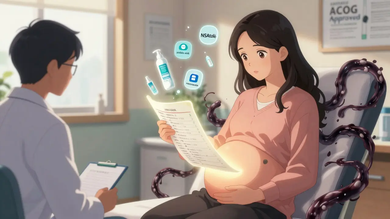 Pregnant woman reviewing ingredient lists with her doctor, safe creams floating above her, harmful ones fading away.