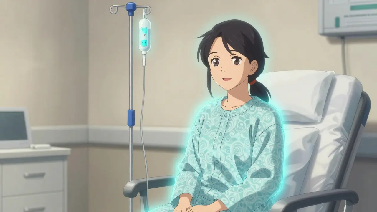 Stylized medical scene of a patient receiving an infusion surrounded by blue healing light.