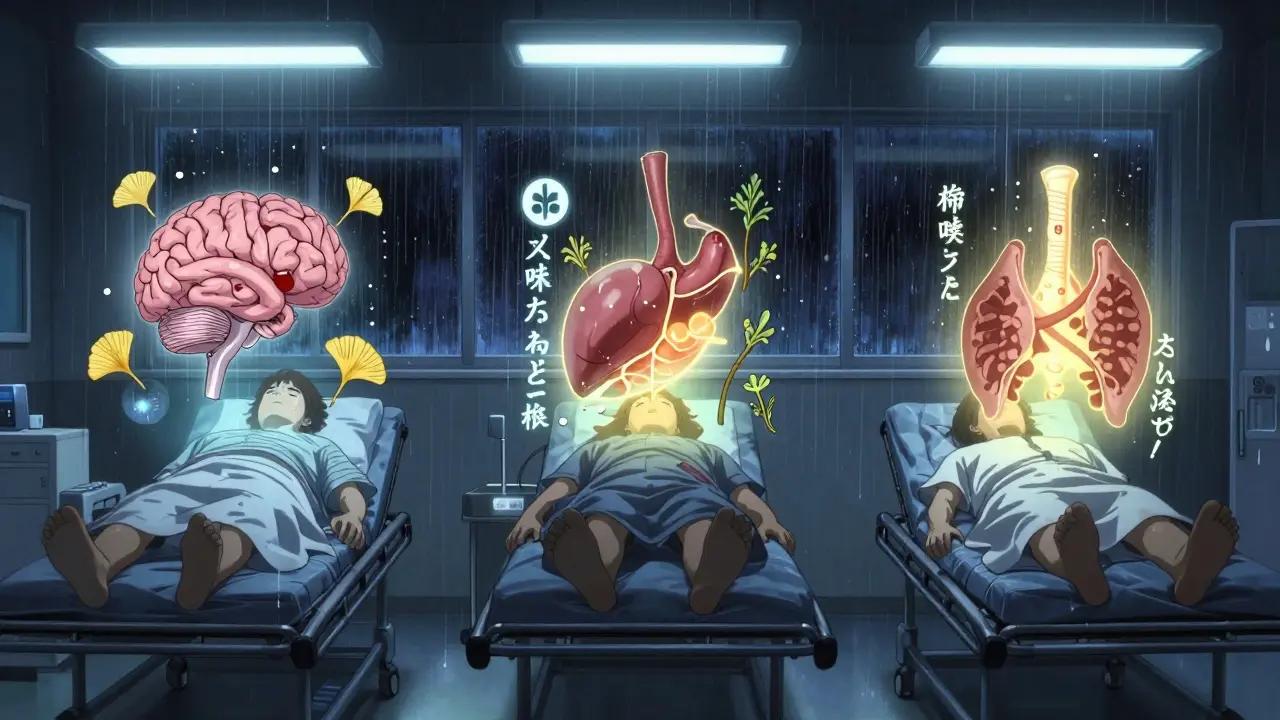 Three patients in an ER with translucent overlays showing dangerous supplement-drug interactions: brain bleed, organ rejection, and dimming thyroid.