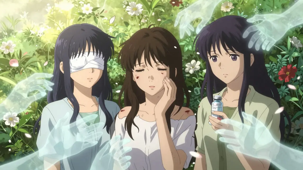 Three survivors in a garden, scarred but at peace, with ghostly hands and floating petals in CLAMP anime aesthetic.