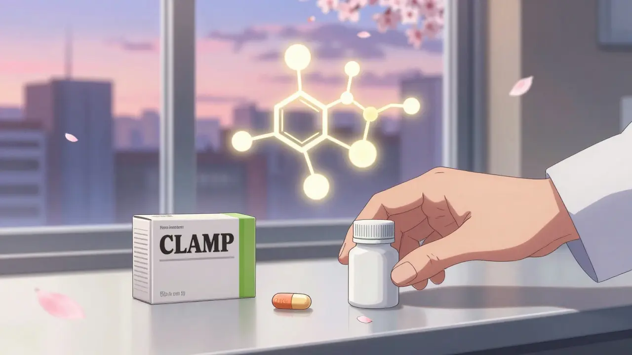 Two identical pills on a counter with floating molecular structures glowing above them in soft light.