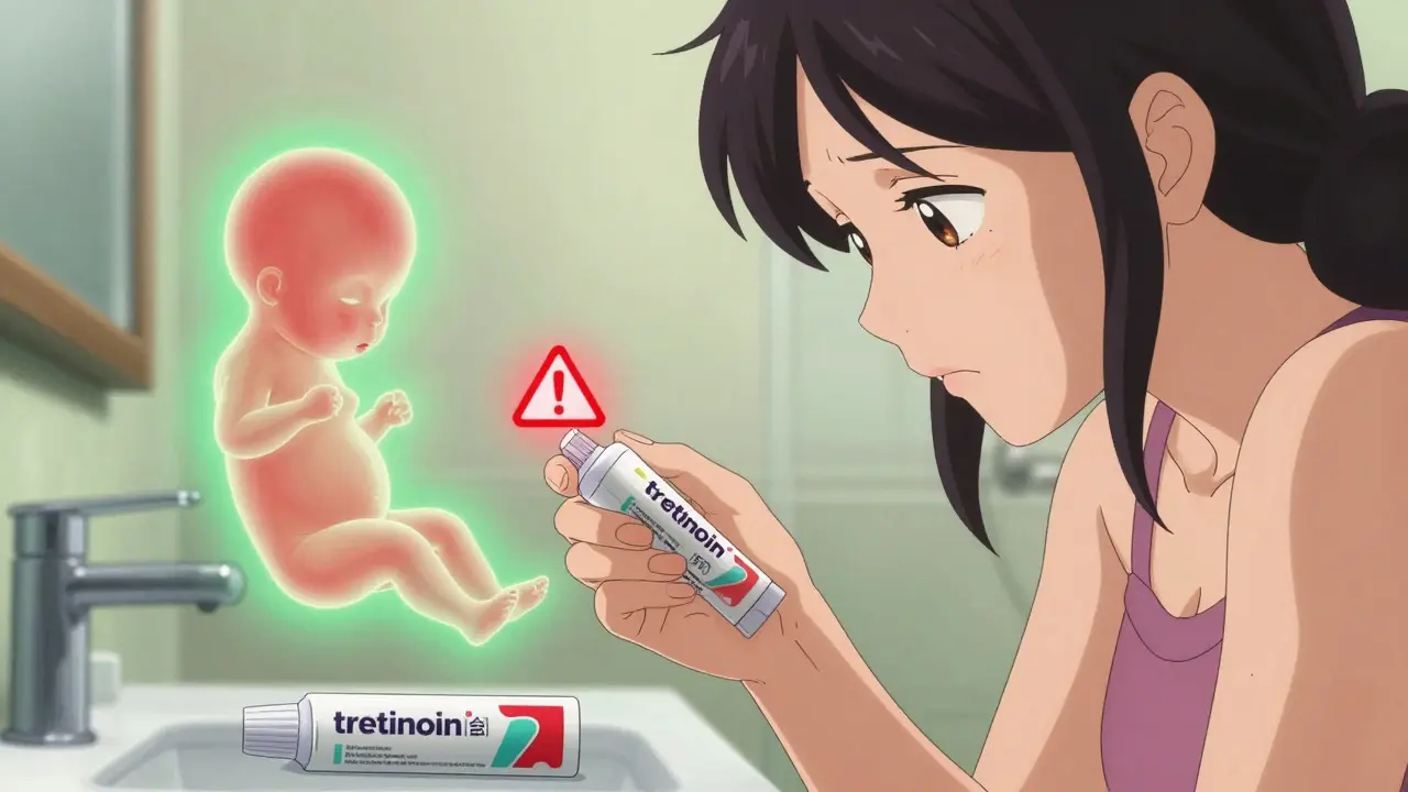 Woman holding safe benzoyl peroxide while a warning glows over tretinoin, with a fetal silhouette nearby.