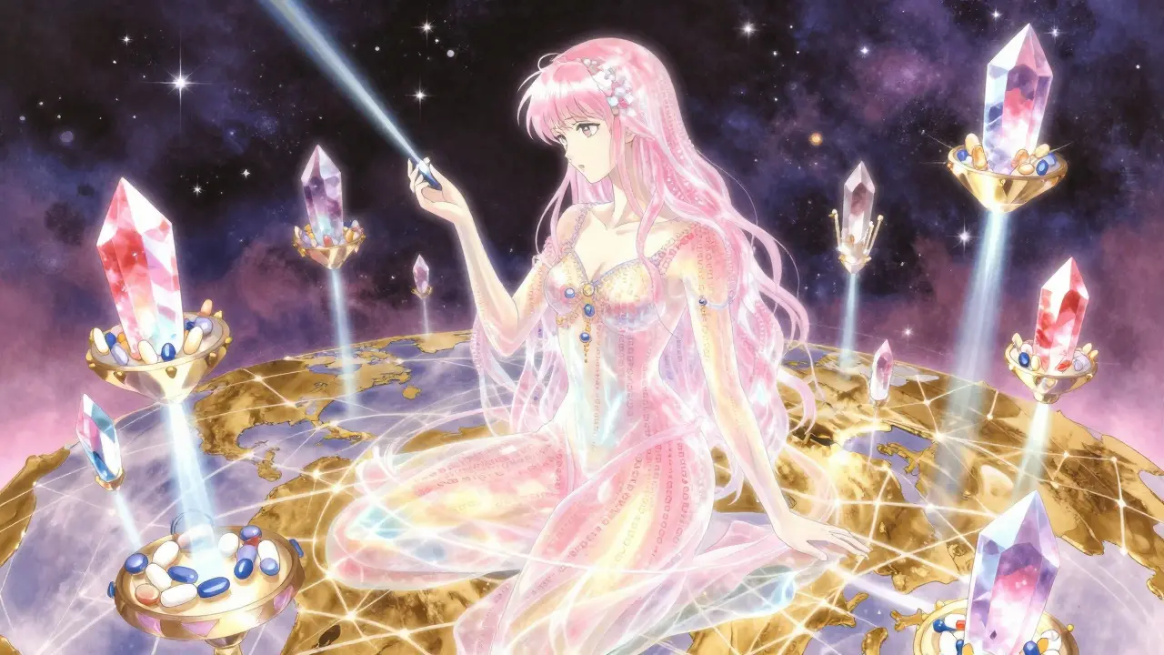 A celestial AI entity overseeing a global network of medicine with floating crystals.
