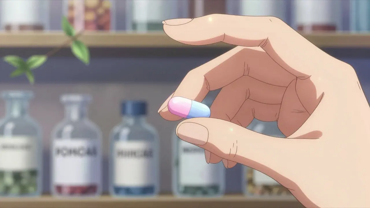 A close-up of two different colored pills being held by a pharmacist.
