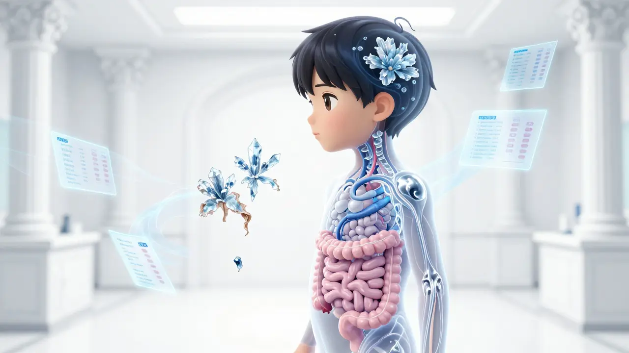 A conceptual anime illustration of a child with a translucent view of their intestinal villi.
