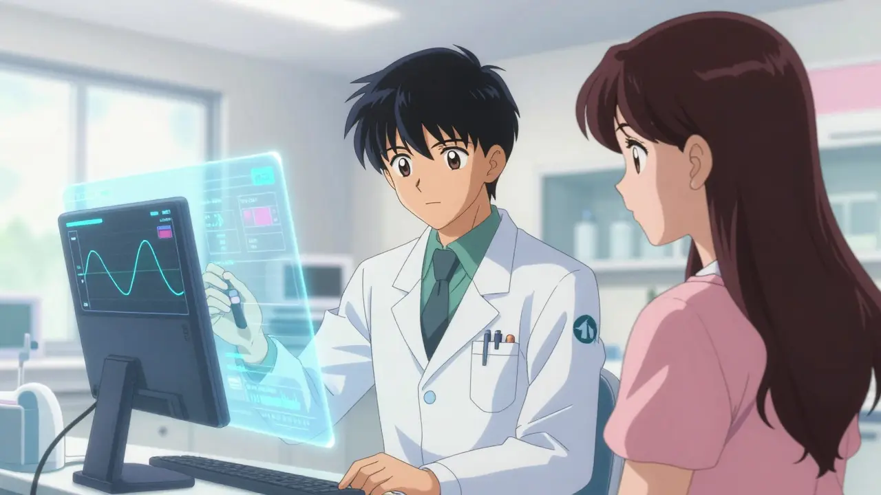 A doctor and patient reviewing holographic medical data in a futuristic clinic.