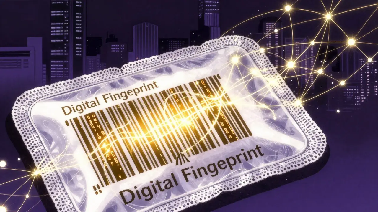 A glowing digital barcode on a medicine package transforming into a network of golden light.