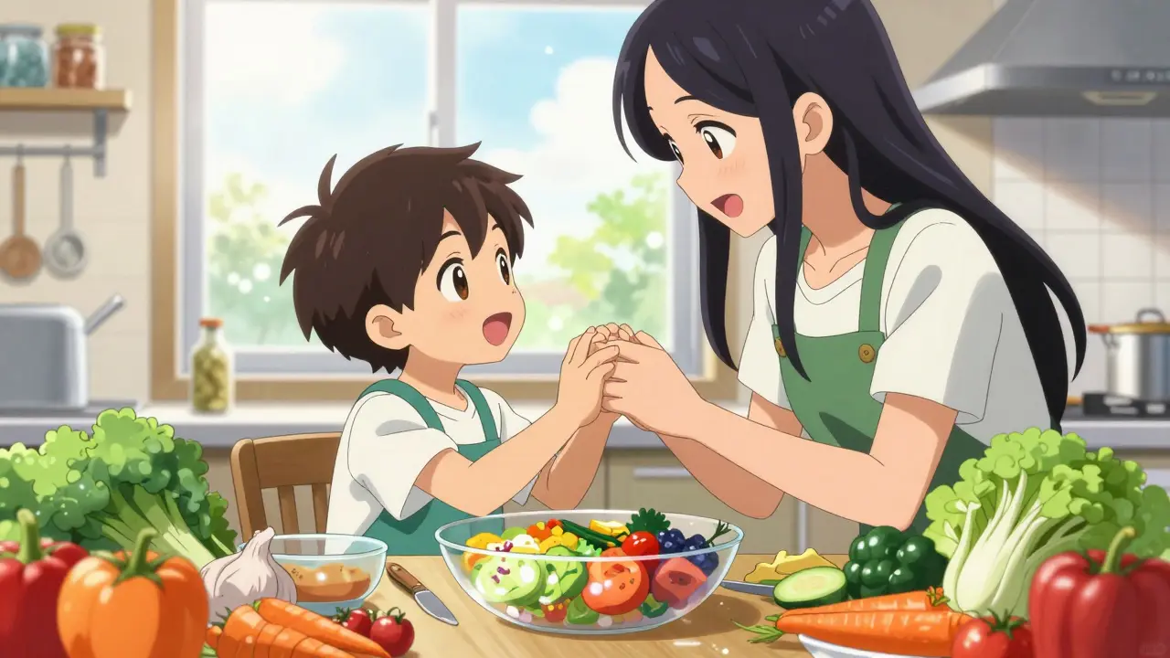 A parent and child happily preparing a gluten-free meal in a bright, ornate anime kitchen.