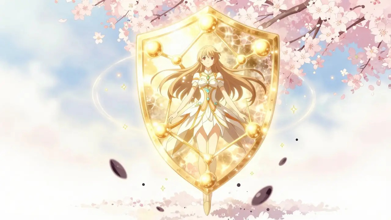 A person protected by a glowing golden molecular shield and shimmering enzyme particles.