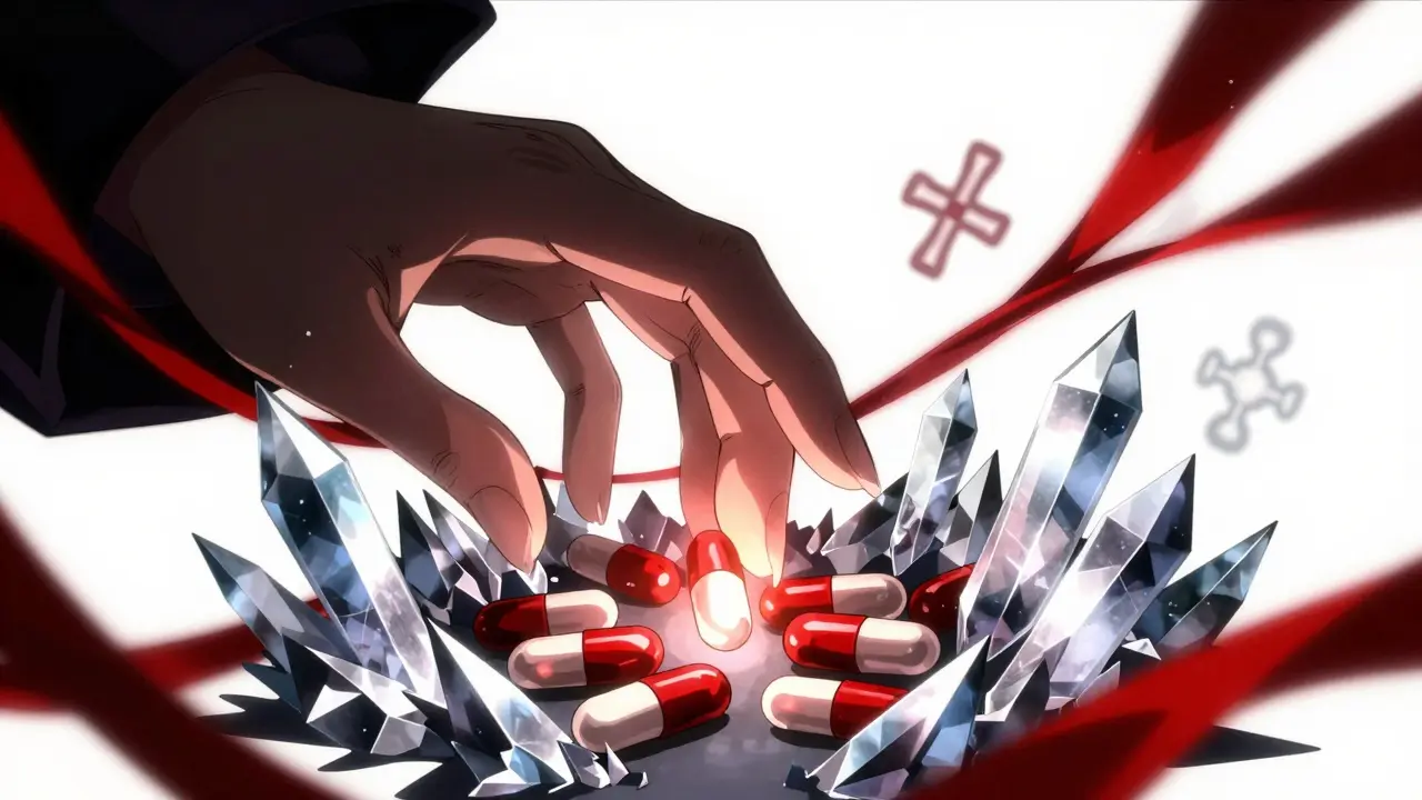 An elegant hand hesitating over medication pills surrounded by sharp, symbolic crystals of stress.