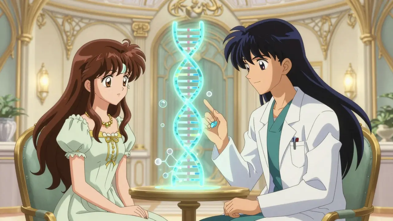 Anime doctor and patient looking at a holographic DNA strand and a futuristic smart pill.