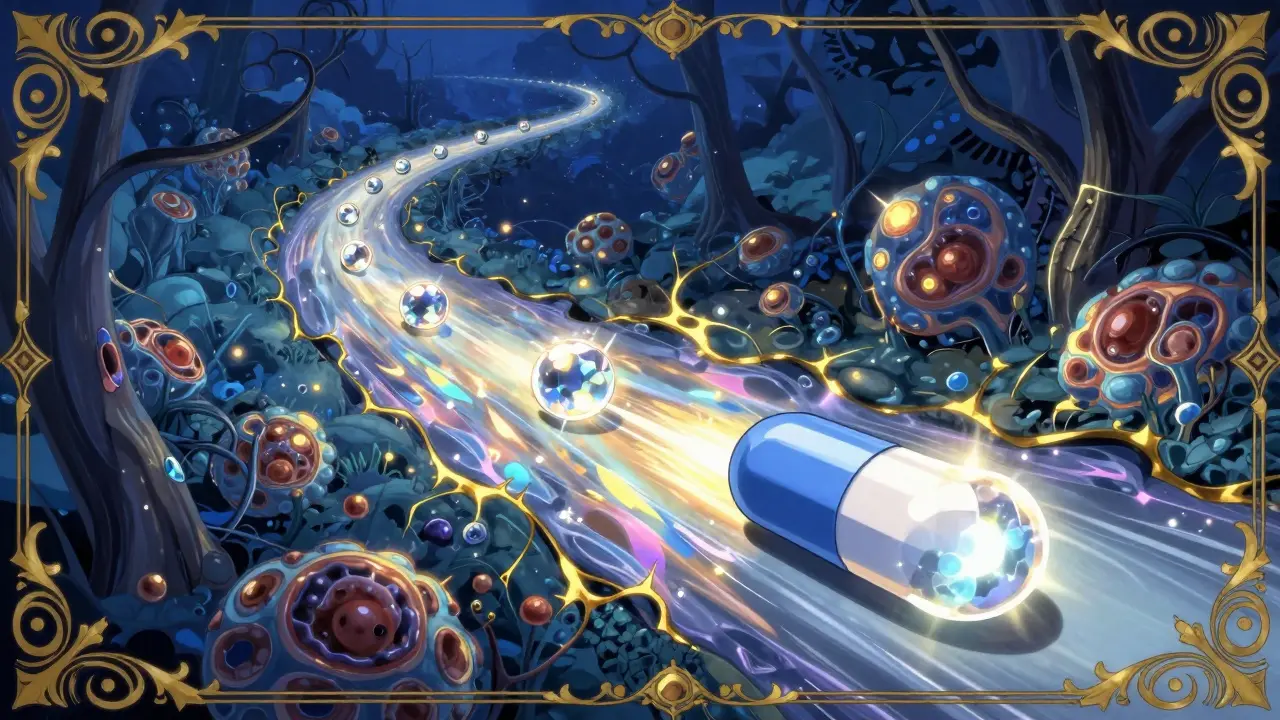 Artistic anime representation of a medication pill traveling along a shortened biological pathway.