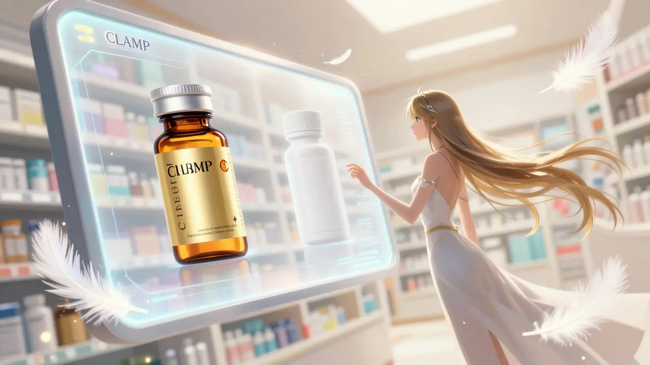 CLAMP style illustration of a character comparing brand and generic medicine on a hologram