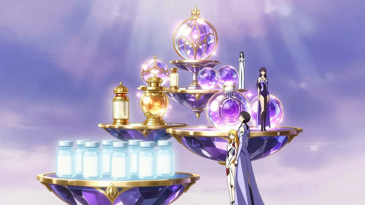 Crystalline staircase showing four tiers of medication from generic to specialty.