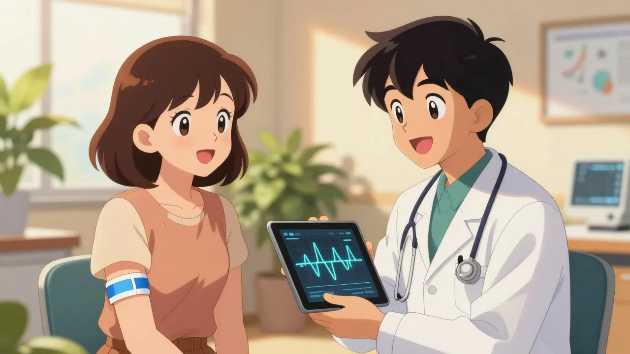 Patient with medical alert bracelet consulting doctor brightly lit.