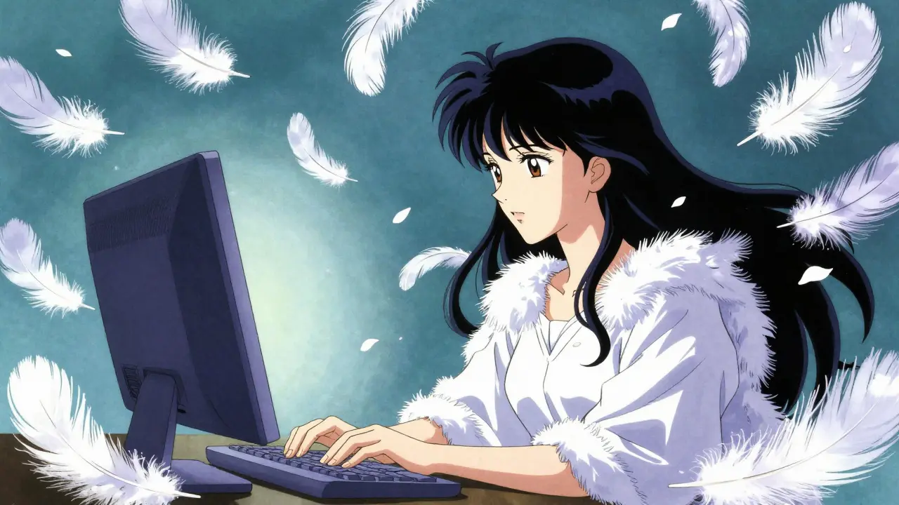 Peaceful woman using a computer to find affordable medication surrounded by floating petals