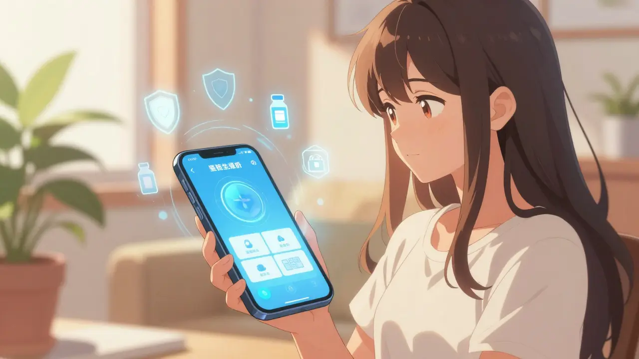 Person using a telehealth app for a prescription in a serene anime setting