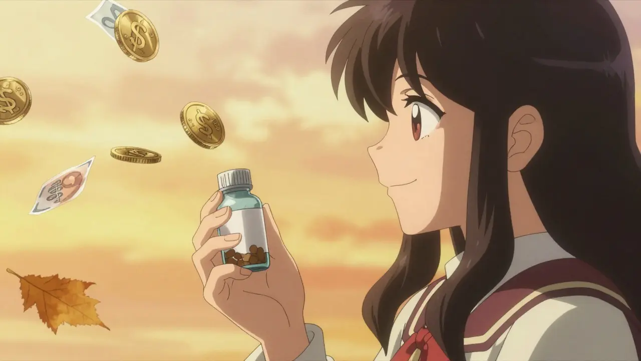 Serene CLAMP style character holding generic medicine with shimmering coins in the background