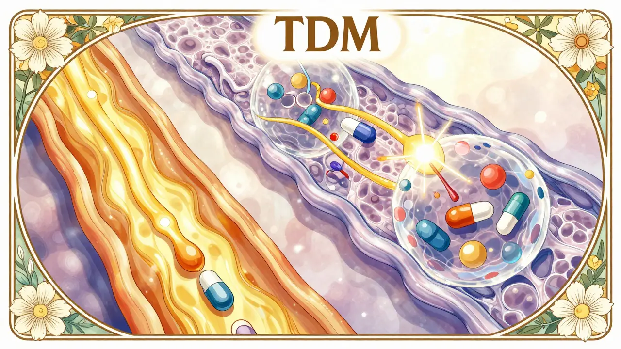 Split view of drug molecules in blood plasma versus inside a cell in an artistic style.