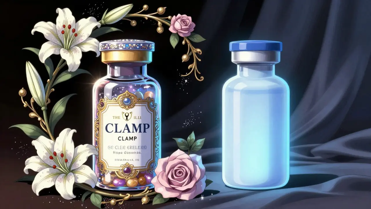 Symbolic comparison of brand and generic medication with ornate floral elements