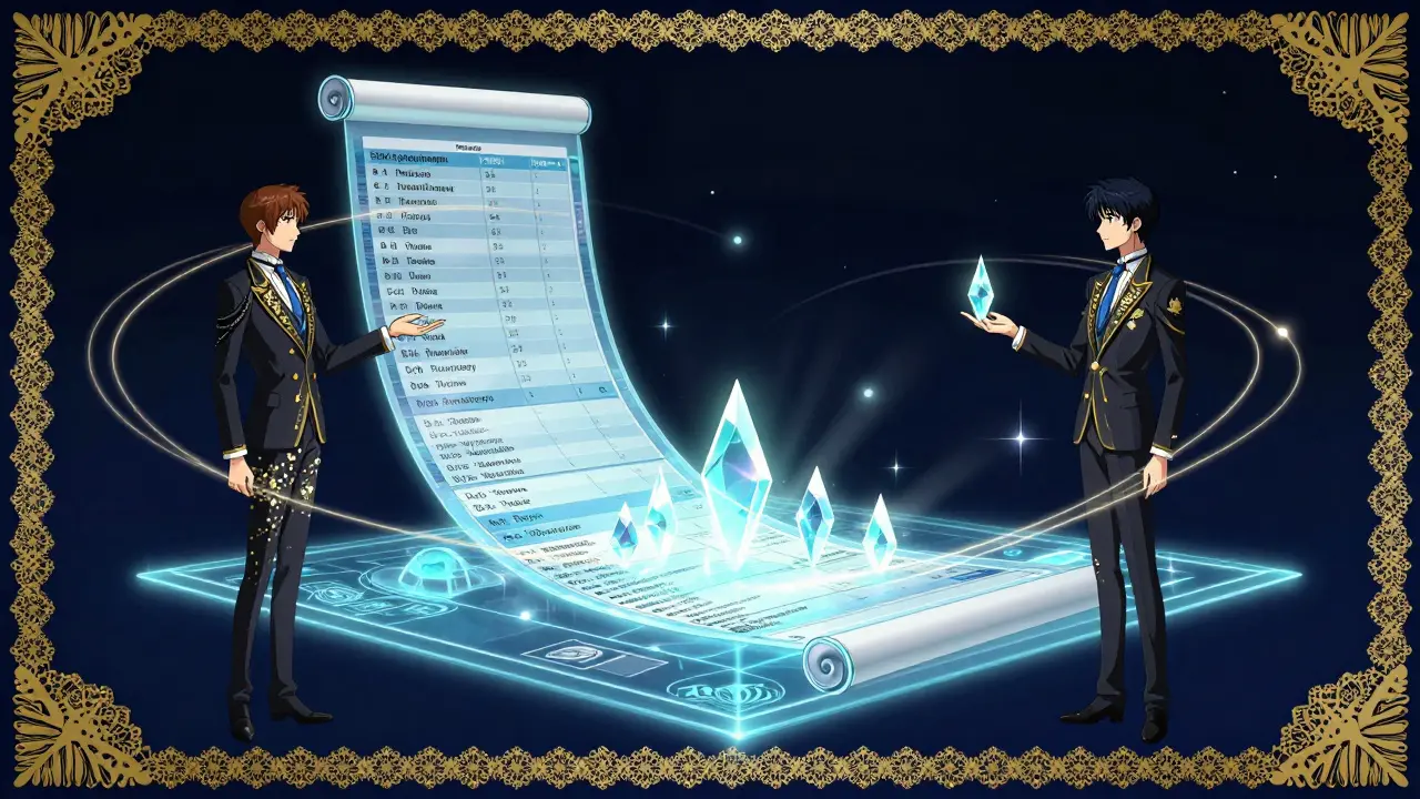 Two elegant figures negotiating drug rebates at a holographic table.