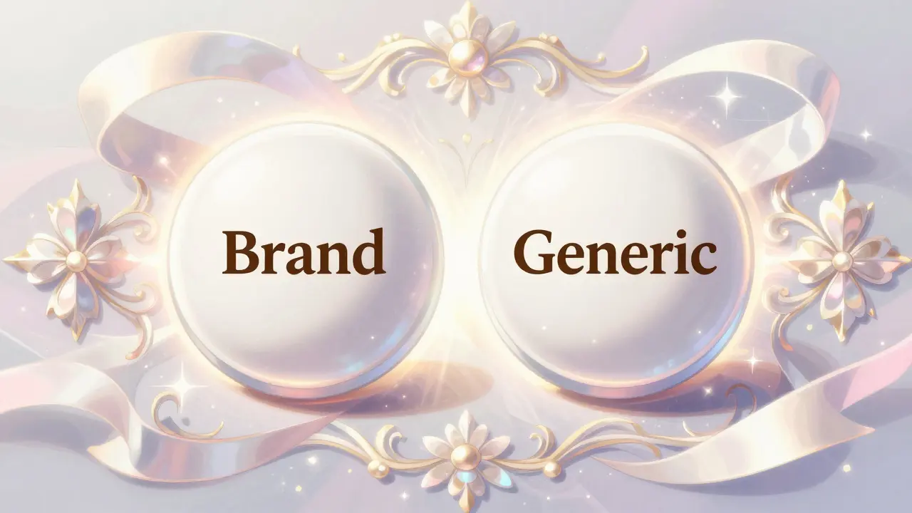 Two identical medicine tablets surrounded by elegant floral swirls